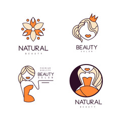 Vector set of 4 geometric logos for beauty salon. Emblems with female silhouettes and abstract pattern. Linear labels with orange fill