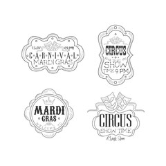 Vector set of black and white emblems for circus and Mardi Gras carnival. Hand drawn logos with masks, crown and text in vintage frames