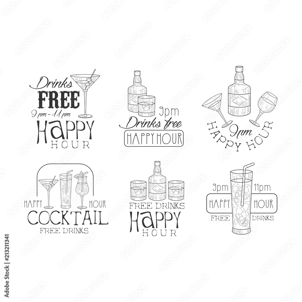 Poster vector set of black and white logos for cafe or cocktail bar. hand drawn emblems with bottles and gl