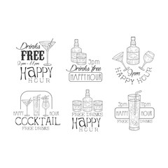 Vector set of black and white logos for cafe or cocktail bar. Hand drawn emblems with bottles and glasses with drinks. Alcoholic beverages