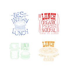 Creative hand drawn lunch logos. Organic and tasty meal. Vector emblems with fast food, cup of coffee, knife and fork in different colors