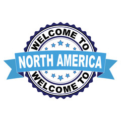 Fototapeta premium Welcome to North America blue black rubber stamp illustration vector on white background