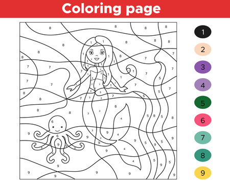 Educational game for kids. Color by numbers. Cartoon mermaid with octopus. Printable coloring page. Vector illustration
