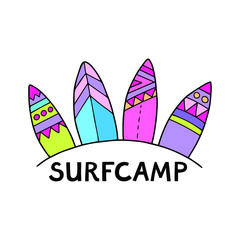 Surfcamp logo template with four colorful surfboards with patterns.