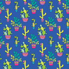 Lovely seamless pattern with cactuses in pots. 