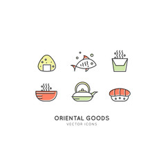 Vector Icon Style Illustration Logo Set of Asian Street Fast Food Bar or Shop, Sushi, Maki, Onigiri Salmon Roll with Chopsticks, Noodles and Tea Kettle, Isolated Minimalistic Neon Window Sign