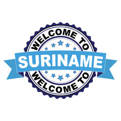 Welcome to Suriname blue black rubber stamp illustration vector on white background