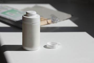 Plastic medicine bottle for powder, homeopathic remedies, pills and tabs.

