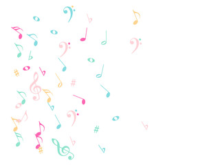 Music Notes Confetti Falling Chaos Vector. Music Symbols Texture Poster Background Elements. Party Night, Festival, Celebration or Concert, Melody Notes Trail. Decorative Song Sheets Chaos Effect.