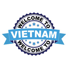 Obraz premium Welcome to Vietnam blue black rubber stamp illustration vector on white background