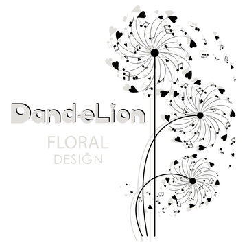 Musical dandelion. Floral design. Flying in the wind, the parachutes from hearts and notes. Logo, emblem, poster. The word and the silhouette of a dandelion on a white background.