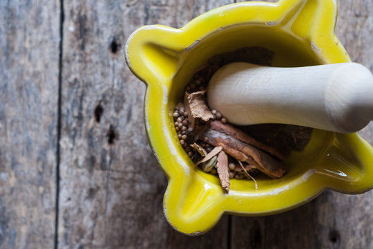 Mortal and pestle with spices