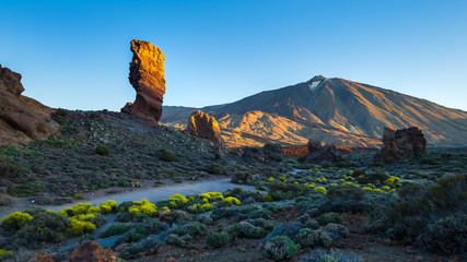 View of unique Roques de Garcia unique rock formation with famous Pico del Teide mountain volcano...