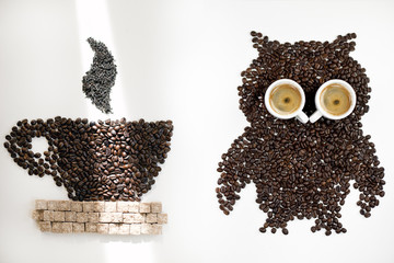 owl of coffee beans and a cup of coffee,  coffee break.