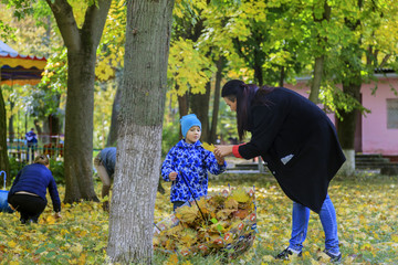 mother and son collect leaves in umbrellas, autumn park,