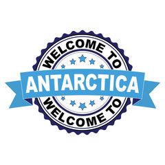 Welcome to Antarctica blue black rubber stamp illustration vector on white background