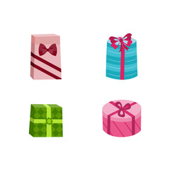 Present box with blue green pink wrapping ribbon bow set. Birthday party, anniversary celebration, new year christmas, valentine day xmas holiday invatation greeting card design vector illustration