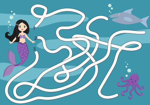 Mermaid maze game for children. Help mermaid find her friend octopus. Beware of the shark! Vector illustration