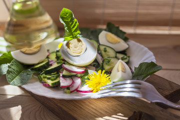 salad of dandelions, Healthy spring salad of young leaves of dandelion, cucumber, radish and egg on a plate closeup