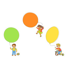Vector sketch little girl child jumping with air balloon in dress boys riding bike, standing with car toy holding balloons. Happy kid characters celebration party invitation card Isolated illustration