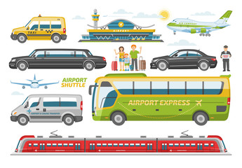 Obraz na płótnie Canvas Transport vector public transportable vehicle bus or train and car for transportation in city illustration set of people and airplane in airport isolated on white background