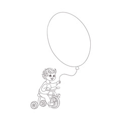 Vector flat sketch little boy child riding bicycle holding big air balloon smiling. Happy male kid character celebration party invitation card coloring book design. Isolated monochrome illustration