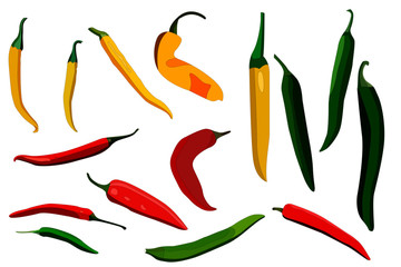 set of hot peppers of different shapes and colors