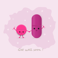 Cute magenta pills waving get well soon card