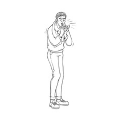 Sick young man sneezes in tissue due to having flu and cold isolated on white background. Black and white hand drawn guy with scarf around neck holding napkin and blowing his nose. Vector illustration