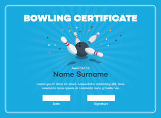 Modern bowling certificate with place for your content, scattered skittle and bowling ball isolated on blue background with transparent shadows.