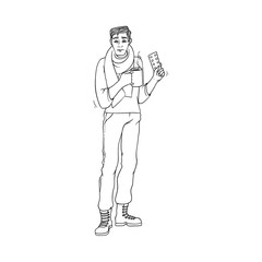 Sick young man holds pills and hot drink in hands due to having cold and flu isolated on white background. Black and white hand drawn guy with scarf around neck holding medicine. Vector illustration.