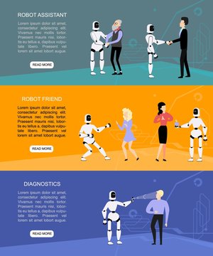 Flat fuman robots interaction banner set. Bot assistant help old man, dancing with women, providing medical diagnostics. Data science , artificial intelligence machine learning Vector illustration