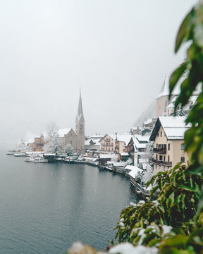 City of Halstatt on a cold winter day with snow