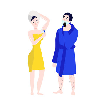 Vector flat girl in bathrobe, towel removing hair from armpit with razor epilator, man shaving. Woman, male hygiene, health skincare, cosmetics concept. Isolated illustration, white background.