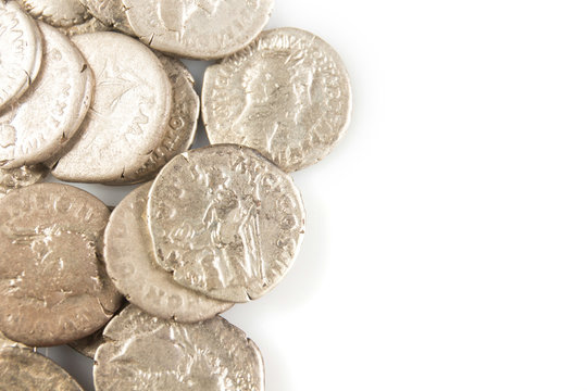 Roman denarius lie on a white background, the era of the Antonines, Marcus Aurelius, Antoninus Pius, Commodus, Caesar