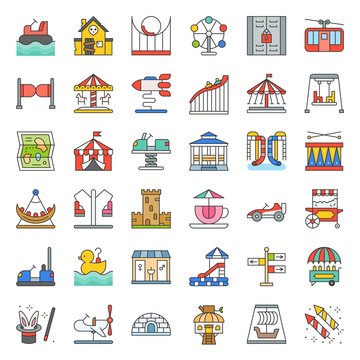 Amusement park icon and coin operated ride, filled outline icons set