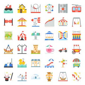 Amusement park icon and coin operated ride, flat design icons set
