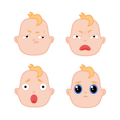 Cartoon baby face expression set. Flat infant boy kids negative ready to cry facial emotion, newborn children angry irritated offended sad icon. Vector illustration childish design isolated background