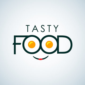 Tasty Food sign logo icon design with omelette character template. Fast food, express cafe logo template. Vector color emblem.