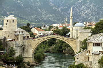 Fototapeta na wymiar The Old Bridge in Mostar in a beautiful summer day, Bosnia and Herzegovina