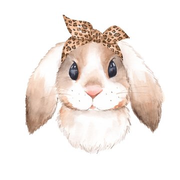 Bunny wearing bandana. Watercolor illustration. Isolated on white background