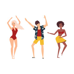 vector cartoon young people dancing at beach party set. cute beautiful hot slim african women, girls in summer swimwear sunglasses caucasian boy on vacation. Isolated illustration on white background.