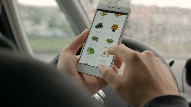 A man looks at the vegetables goods in the online grocery store, sitting in the car. Vegetables fresh,  pepper, cabbage, flat, cucumber, harvest. Smartphone online shopping .