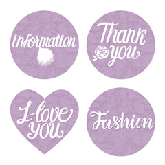 Set Vector white inscription lettering calligraphy on trend color lavender circle shape sign