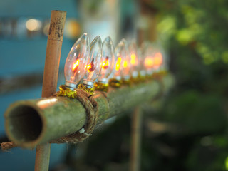 Closeup shot bamboo tea light in Malaysia kampung house during hari raya