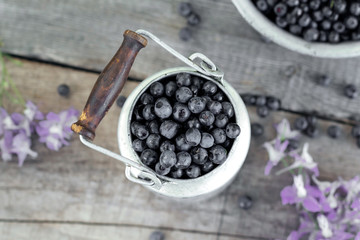 Fresh blueberry on old background in rustic style, selective focus.