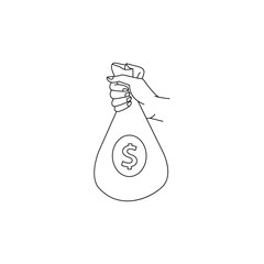 sketch man hand holding green bag with dollar sign monochrome icon. Bag with money financial banking, investment savings loan and debt symbol. Salary, payment finance success illustration