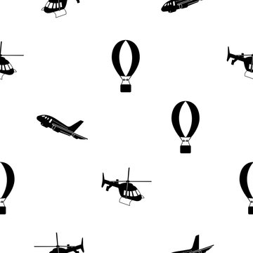 Seamless pattern with black air plane, helicopter and air balloon.