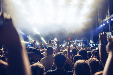 Portrait of happy crowd enjoying at music festival