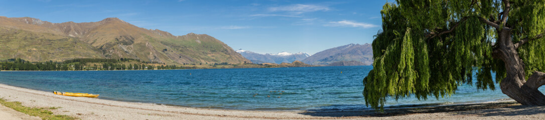 Willow tree and yellow kayaks captured in a panoramic view on the shore at lake Wanaka, south island New Zealand